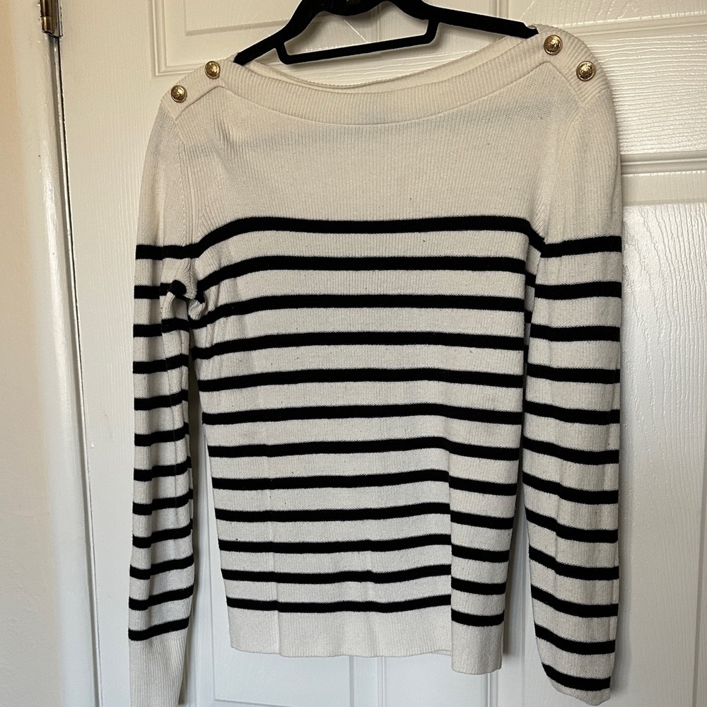Ann Taylor Factory Black and White Striped Sweater with Gold Buttons